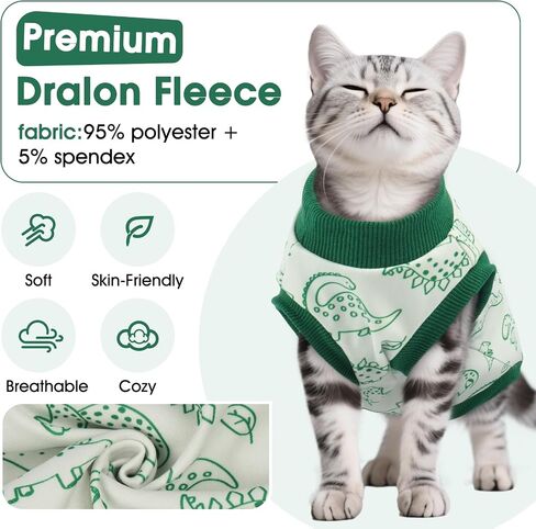 DENTRUN Sleeveless Cat Vest with Dinosaur Print, Breathable Ultra-Soft Dralon Fleece Cat Sweater, All-Season Pet Costume Apparel for Cats, Kitten Clothing for Indoor/Outdoor, Green, S in Kuwait