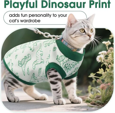 DENTRUN Sleeveless Cat Vest with Dinosaur Print, Breathable Ultra-Soft Dralon Fleece Cat Sweater, All-Season Pet Costume Apparel for Cats, Kitten Clothing for Indoor/Outdoor, Green, S in Kuwait