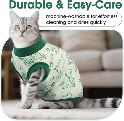 DENTRUN Sleeveless Cat Vest with Dinosaur Print, Breathable Ultra-Soft Dralon Fleece Cat Sweater, All-Season Pet Costume Apparel for Cats, Kitten Clothing for Indoor/Outdoor, Green, S in Kuwait