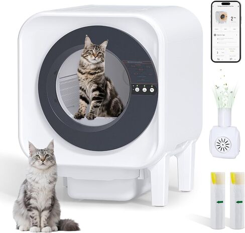 Self Cleaning Litter Box,Large Capacity Automatic Cat Litter Box Self Cleaning for Multiple Cats,with Odor Eliminator,Smart App Control,Safety Protection,for Large Cat,2 Roll of Garbage Bags,Silver in Saudi Arabia