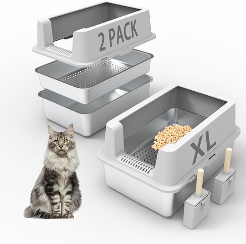 2Pack صندوق القمامة الفولاذ المقاوم للصدأ للاصطدام لكرات الصنوبر ، مربع فضلات القطط المعدنية المغلقة مع غطاء ، جوانب عالية ، تسرب مضاد للوراين in Kuwait