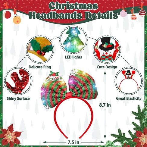Lighting Up Christmas Headbands, Reindeer Antler Santa Hat Bow Hair Hoop for Xmas Party Favors Decorations in Kuwait