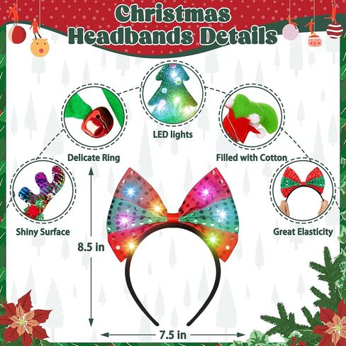 Lighting Up Christmas Headbands, Reindeer Antler Santa Hat Bow Hair Hoop for Xmas Party Favors Decorations in Kuwait