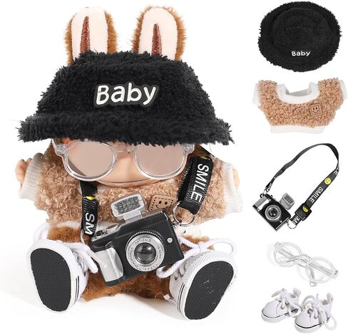 5 Set Clothes for LABUBU (for 17/15cm Standing/Sitting Doll) (NO Doll) - Accessories Clothes for Dolls Outfit Included Cute Figures Clothing+ Velvet Hat+ Small Bottle+ Glasses+ Shoes (Black) in Kuwait