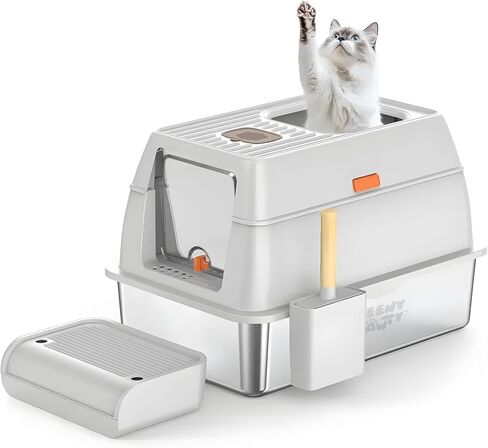 XL Stainless Steel Cat Litter Box with Enclosure and Pooper Scooper - Durable Black Metal Litter Box for Big Cats, High Sides for Anti-Leakage, Never Absorbs Odors, Non-Sticky - (60x40cm) (Black) in Saudi Arabia