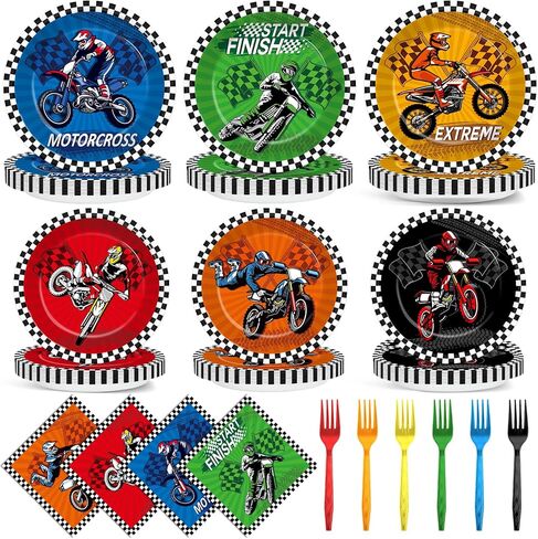 96pcs ديكورات دراجة دراجة ترابية موتوكروس لوحات حلوى عيد ميلاد موتوكرس أدوات المائدة الدراجة النارية موضوع الأطباق لوحات الورق مناديل للسباق أدوات مائدة مدين للأولاد لوازم استحمام الطفل in Saudi Arabia