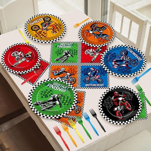 96pcs ديكورات دراجة دراجة ترابية موتوكروس لوحات حلوى عيد ميلاد موتوكرس أدوات المائدة الدراجة النارية موضوع الأطباق لوحات الورق مناديل للسباق أدوات مائدة مدين للأولاد لوازم استحمام الطفل in Saudi Arabia
