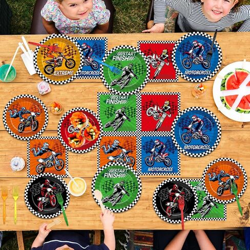 96pcs ديكورات دراجة دراجة ترابية موتوكروس لوحات حلوى عيد ميلاد موتوكرس أدوات المائدة الدراجة النارية موضوع الأطباق لوحات الورق مناديل للسباق أدوات مائدة مدين للأولاد لوازم استحمام الطفل in Saudi Arabia