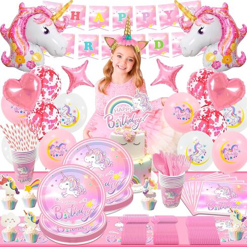 16 Guests Unicorn Party Decorations Birthdays Tableware Set, Unicorns Paper Plates Napkins Table Cloth Balloon Banner Headband etc Unicorn Birthday Party Decorations Supplies in Saudi Arabia