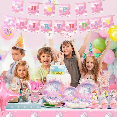 16 Guests Unicorn Party Decorations Birthdays Tableware Set, Unicorns Paper Plates Napkins Table Cloth Balloon Banner Headband etc Unicorn Birthday Party Decorations Supplies in Saudi Arabia