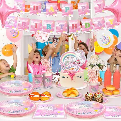 16 Guests Unicorn Party Decorations Birthdays Tableware Set, Unicorns Paper Plates Napkins Table Cloth Balloon Banner Headband etc Unicorn Birthday Party Decorations Supplies in Saudi Arabia