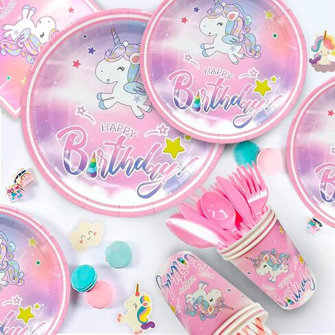 16 Guests Unicorn Party Decorations Birthdays Tableware Set, Unicorns Paper Plates Napkins Table Cloth Balloon Banner Headband etc Unicorn Birthday Party Decorations Supplies in Saudi Arabia