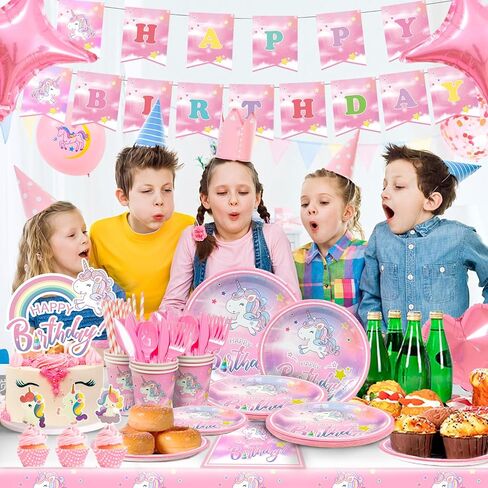 16 Guests Unicorn Party Decorations Birthdays Tableware Set, Unicorns Paper Plates Napkins Table Cloth Balloon Banner Headband etc Unicorn Birthday Party Decorations Supplies in Saudi Arabia