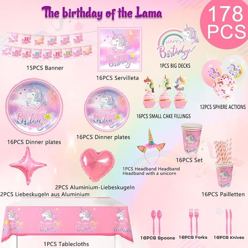 16 Guests Unicorn Party Decorations Birthdays Tableware Set, Unicorns Paper Plates Napkins Table Cloth Balloon Banner Headband etc Unicorn Birthday Party Decorations Supplies in Saudi Arabia