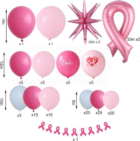 Breast Cancer Awareness Balloon Arch Kit, 136PCS Breast Cancer Awareness Month Decorations with Foil Pink Ribbon Balloons Explosive Star Balloon and Pink Ribbon Banner for Community Activities Party in Saudi Arabia