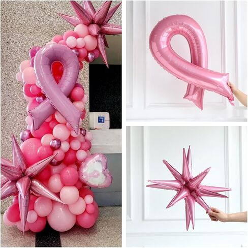 Breast Cancer Awareness Balloon Arch Kit, 136PCS Breast Cancer Awareness Month Decorations with Foil Pink Ribbon Balloons Explosive Star Balloon and Pink Ribbon Banner for Community Activities Party in Saudi Arabia