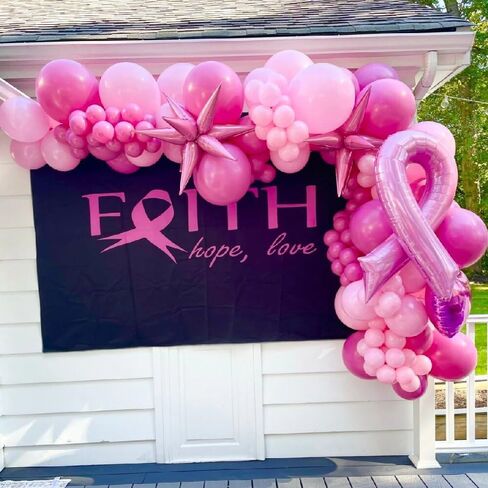 Breast Cancer Awareness Balloon Arch Kit, 136PCS Breast Cancer Awareness Month Decorations with Foil Pink Ribbon Balloons Explosive Star Balloon and Pink Ribbon Banner for Community Activities Party in Saudi Arabia
