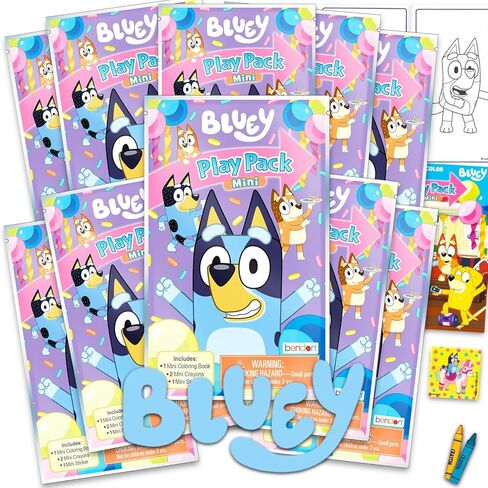 حزم Bluey Play | Goodie Bag Lot Bag Fillers | تفضل الحزب | 10 حزم اللعب المصغرة | لوحة التلوين الأزرق ، 2 ملون صغير ، وملصق | 10 حزمة | مرخص رسميا in Saudi Arabia