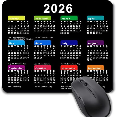 2026 تقويم مع وسادة الماوس العطل ، مستطيل الألعاب Mousepad للكمبيوتر المحمول حصيرة مكتب المطاط غير القابل للانزلاق ، لطيف للاطلاع على مكاتب العام الجديد (9.5 × 7.9 بوصة) - اللون الأسود in Kuwait