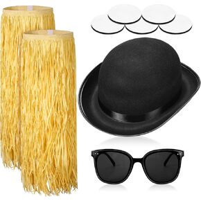 3 Pcs Halloween Black Bowler Derby Hat raffia Hula Skirt Polarized Sunglasses Set Bowler Hat for Men Women Hawaiian Hula Skirt Trendy Sunglasses for Costume Party in Kuwait