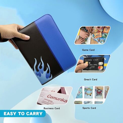 400 Card Binder لبطاقات التداول ، حامل بطاقات 4 جيب مع Zipper & Handle ، ألبوم تصميم الجلود Pu للأطفال القابل للتحصيل (Blue Flames) in Saudi Arabia