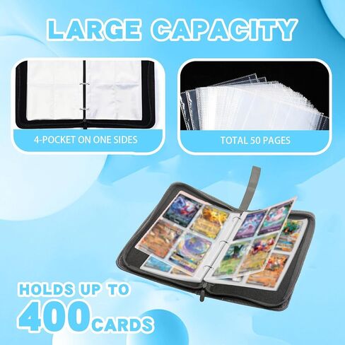 400 Card Binder لبطاقات التداول ، حامل بطاقات 4 جيب مع Zipper & Handle ، ألبوم تصميم الجلود Pu للأطفال القابل للتحصيل (Blue Flames) in Saudi Arabia