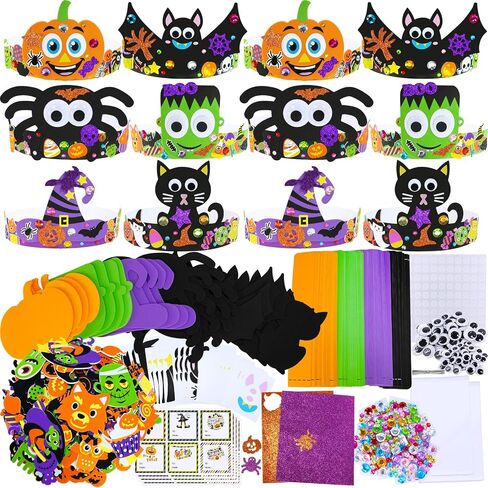 Winlyn 24 Sets Halloween Headbands Craft Kits DIY Crown Art Sets With Foam Stickers - Spider, Bat, Jack-o'-Lantern, Witch Hat - for Kids Classroom Activities, Party, Trick-or-Treat in Saudi Arabia