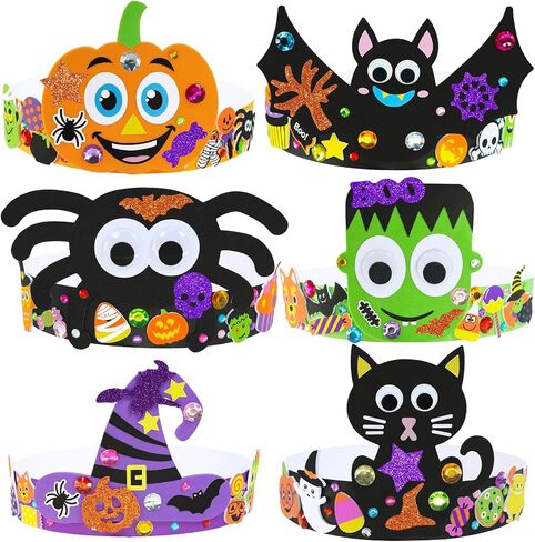 Winlyn 24 Sets Halloween Headbands Craft Kits DIY Crown Art Sets With Foam Stickers - Spider, Bat, Jack-o'-Lantern, Witch Hat - for Kids Classroom Activities, Party, Trick-or-Treat in Saudi Arabia