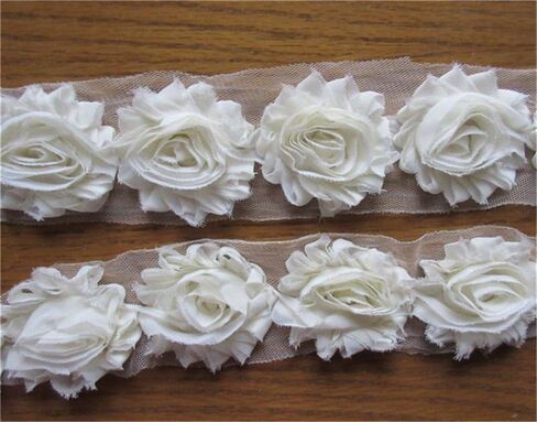 3 Yard Boutique Shabby Chic Fabric 3D Chiffon Rose Flower Lace Edge Trim Ribbon 6 cm Wide Vintage Style Edging Trimming Fabric Embroidered Applique Sewing Craft Wedding Bridal Dress(White) in Kuwait