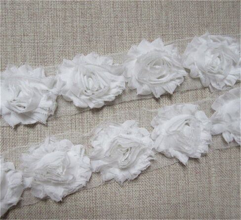 3 Yard Boutique Shabby Chic Fabric 3D Chiffon Rose Flower Lace Edge Trim Ribbon 6 cm Wide Vintage Style Edging Trimming Fabric Embroidered Applique Sewing Craft Wedding Bridal Dress(White) in Kuwait