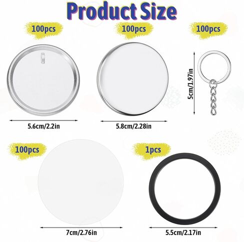100 SetsButton Maker Keychains Supplies, 58 mm/ 2.25 Inch Metal Button Badge Sets, Including Metal Shell, Plastic Film, Backing Parts, Keychains, Perfect for Button Maker Machine & Badge Press in Kuwait