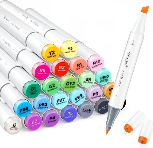 SFAIH 25 Alcohol Markers Set - Dual Tip Chisel & Fine, Art Markers for Adult Coloring Books, Sketching, Comics - Vibrant Colors, Smooth Blending, Plastic Sheet, Art Drawing, Coloring Marker for Kid in Saudi Arabia