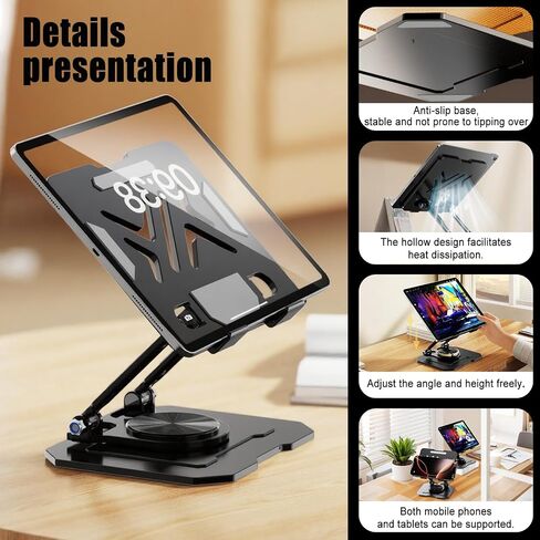 Full Metal 360 ° Rotating Adjustable iPad Stand, Aluminum Alloy Carbon Steel Desktop Universal Equipment Support Stand, Foldable and Portable, Stable Heat Dissipation. in Saudi Arabia