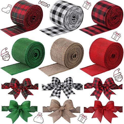 6 Rolls 2 Inches Wired Burlap Ribbon Christmas Wired Edge Ribbons Multi-Color Plaid Ribbon for Christmas Decoration DIY Wrapping Wedding Floral Bows Crafts in Saudi Arabia