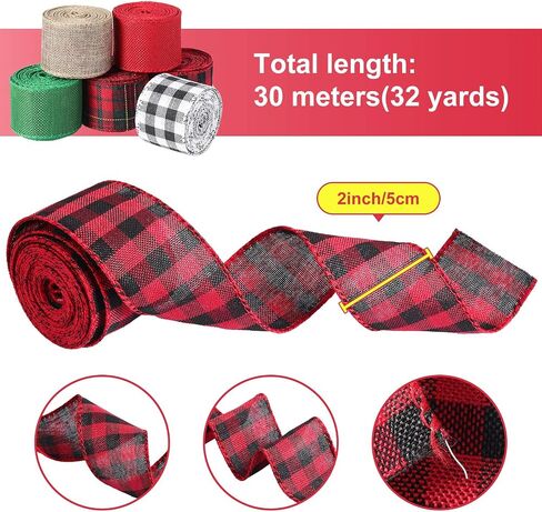 6 Rolls 2 Inches Wired Burlap Ribbon Christmas Wired Edge Ribbons Multi-Color Plaid Ribbon for Christmas Decoration DIY Wrapping Wedding Floral Bows Crafts in Saudi Arabia
