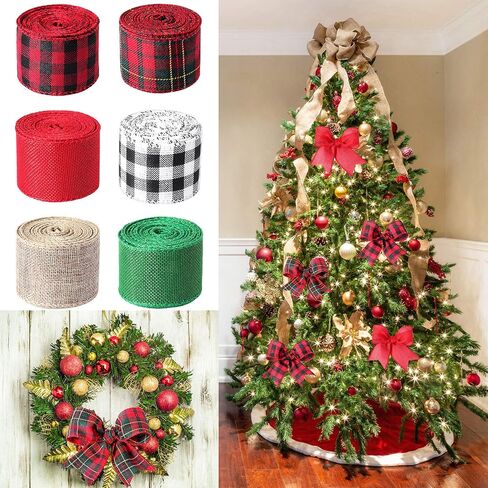 6 Rolls 2 Inches Wired Burlap Ribbon Christmas Wired Edge Ribbons Multi-Color Plaid Ribbon for Christmas Decoration DIY Wrapping Wedding Floral Bows Crafts in Saudi Arabia