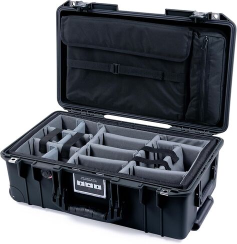 Pelican Air 1535 Carry-on Case by ColorCase - Black - Medium Size Waterproof Case with Gray Padded Microfiber Dividers & Laptop Computer Lid Pouch - Black Handles & TSA Locking Latches in Kuwait