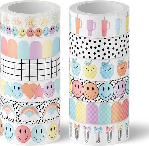 12 Rolls Washi Tape Composition Notebook Classroom Decor Pastel Smile Rainbow Decorative Masking Tape Set Preppy Wrapping Paper Tapes for Back to School Scrapbook Journal DIY Art Crafts in Saudi Arabia
