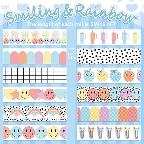 12 Rolls Washi Tape Composition Notebook Classroom Decor Pastel Smile Rainbow Decorative Masking Tape Set Preppy Wrapping Paper Tapes for Back to School Scrapbook Journal DIY Art Crafts in Saudi Arabia