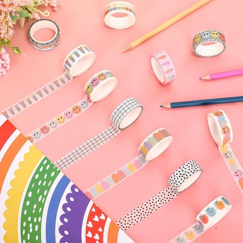 12 Rolls Washi Tape Composition Notebook Classroom Decor Pastel Smile Rainbow Decorative Masking Tape Set Preppy Wrapping Paper Tapes for Back to School Scrapbook Journal DIY Art Crafts in Saudi Arabia