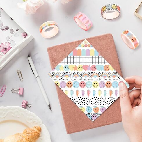 12 Rolls Washi Tape Composition Notebook Classroom Decor Pastel Smile Rainbow Decorative Masking Tape Set Preppy Wrapping Paper Tapes for Back to School Scrapbook Journal DIY Art Crafts in Saudi Arabia