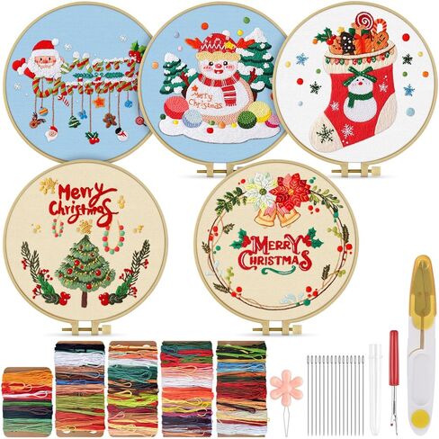 TINDTOP 5 Sets Embroidery Kit for Beginners Adult, Embroidery Kit for Beginners Include Embroidery Cloth Hoops Threads for Craft Lover Hand Stitch with Embroidery Skill Techniques in Kuwait
