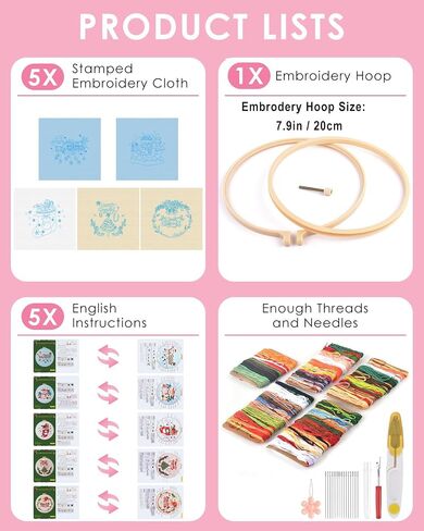 TINDTOP 5 Sets Embroidery Kit for Beginners Adult, Embroidery Kit for Beginners Include Embroidery Cloth Hoops Threads for Craft Lover Hand Stitch with Embroidery Skill Techniques in Kuwait