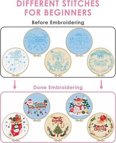 TINDTOP 5 Sets Embroidery Kit for Beginners Adult, Embroidery Kit for Beginners Include Embroidery Cloth Hoops Threads for Craft Lover Hand Stitch with Embroidery Skill Techniques in Kuwait