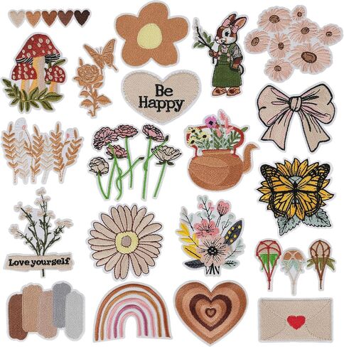 Boho Iron on Patches, Cute Vintage Embroidery Applique Patch, Girly Aesthetic Sew On Embroidered Patches DIY Decorative Heat Press Patches for Clothing Hats Jackets Backpacks (Boho1 20 Pcs) in Kuwait