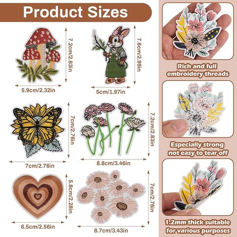 Boho Iron on Patches, Cute Vintage Embroidery Applique Patch, Girly Aesthetic Sew On Embroidered Patches DIY Decorative Heat Press Patches for Clothing Hats Jackets Backpacks (Boho1 20 Pcs) in Kuwait