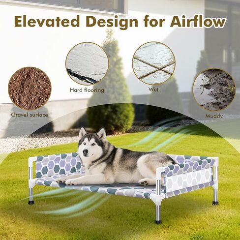 Elevated Dog Bed，Cooling Outdoor Dog Cot with 3-Sided Fence，Raised Pet Cot with Guardrail Medium(32.68" L x 19.88" W x 5.9" Th) in Saudi Arabia