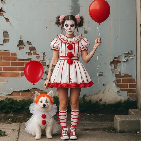 Dog Clown Costume Scary Dog Halloween Costume Pet Clown Halloween Cosplay for Small Medium Dogs Cats Adjustable Funny Party Cosplay with Balloons & Wig for Themed Parties Decor in Saudi Arabia