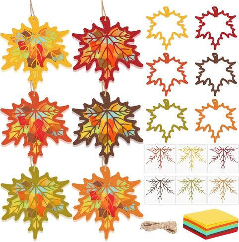 Jarthenaamcs 24 مجموعات Fall Suncatcher Trissue Paper Craft Kits DIY Autumn Maple Leaves Craft مجموعة مع ملصقات القنب الورقية لعيد الشكر ديكورات حفلة العطلة in Saudi Arabia
