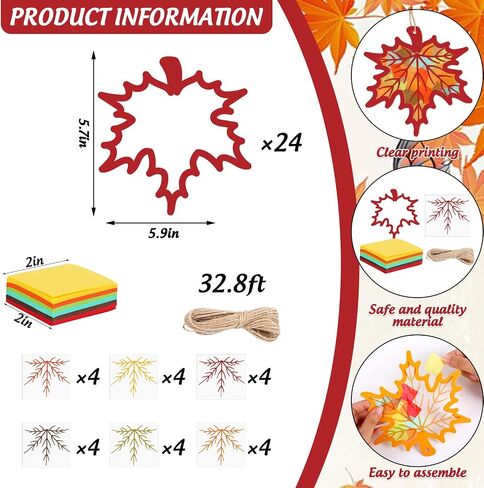 Jarthenaamcs 24 مجموعات Fall Suncatcher Trissue Paper Craft Kits DIY Autumn Maple Leaves Craft مجموعة مع ملصقات القنب الورقية لعيد الشكر ديكورات حفلة العطلة in Saudi Arabia